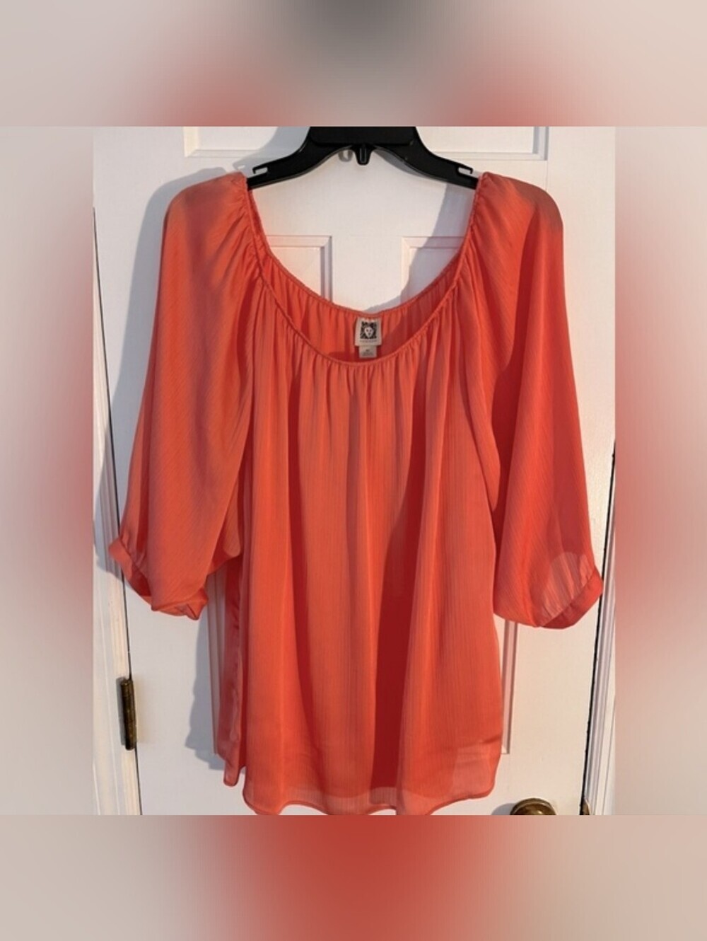 ANNE KLEIN Women's Coral Colored 3/4 Puffy Sleeve Pullover Blouse Size: XL